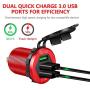 Quick Charge 3.0 Car Charger, 12V/24V 35W QC3.0/2.0 USB Charger Socket, 3 USB Charger Socket Power Outlet Fast Charge with Wire Fuse Aluminum Car Boat Marine ATV Bus Truck Golf Cart and More(Red