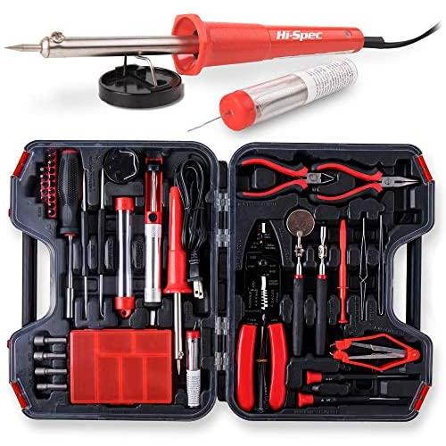 Hi-Spec 60 Piece Electronics Electrical Engineer Tool Kit with 30W Soldering Iron, Desoldering Pump, Wire Crimper, Stripper, Cutter, Magnetic Ratcheting Screwdriver and Bits, IC Extractor Tool in Case