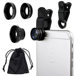 Universal 3 in 1 Cell Phone Camera Lens Kit for Smartphones Including - Fish Eye Lens / 2 in 1 Macro Lens & Wide Angle Lens/Universal Clip/Carry Pouch/Microfiber Cleaning Cloth