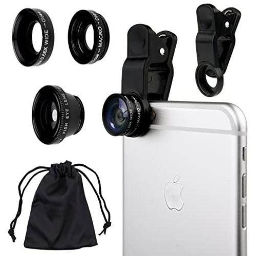 Universal 3 in 1 Cell Phone Camera Lens Kit for Smartphones Including - Fish Eye Lens / 2 in 1 Macro Lens & Wide Angle Lens/Universal Clip/Carry Pouch/Microfiber Cleaning Cloth