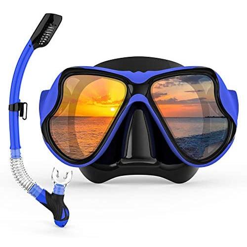 COPOZZ Scuba Mask, Snorkeling Scuba Dive Glasses, Free Diving Tempered Glass Goggles - Dry Snorkel Set with Comfortable Mouthpiece