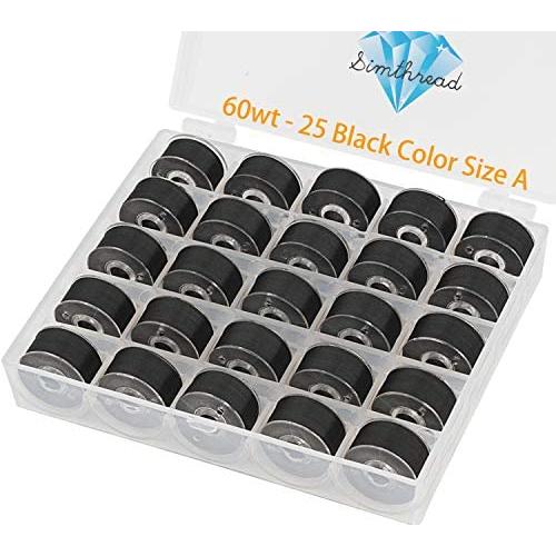 Simthread 25pcs Black Prewound Bobbin Thread Size A Class 15 (SA156) 60WT with Clear Storage Plastic Case Box 70D/2 for Brother Embroidery Thread Sewing Thread Machine DIY