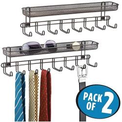 mDesign Closet Wall Mount Mens Accessory Storage Organizer Rack - Holds Belts, Neck Ties, Watches, Change, Sunglasses, Wallets - 8 Hooks and Basket - 2 Pack - Bronze