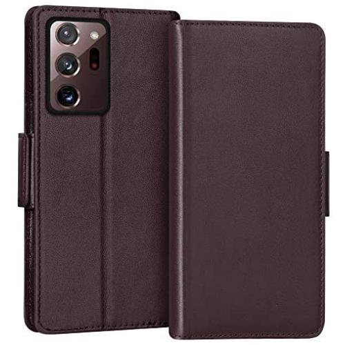 FYY Case for Samsung Galaxy Note 20 Ultra 6.9", Luxury [Cowhide Genuine Leather][RFID Blocking] Wallet Case, Flip Folio Case with Kickstand Function and Card Slots for Galaxy Note 20 Ultra 6.9" Brown
