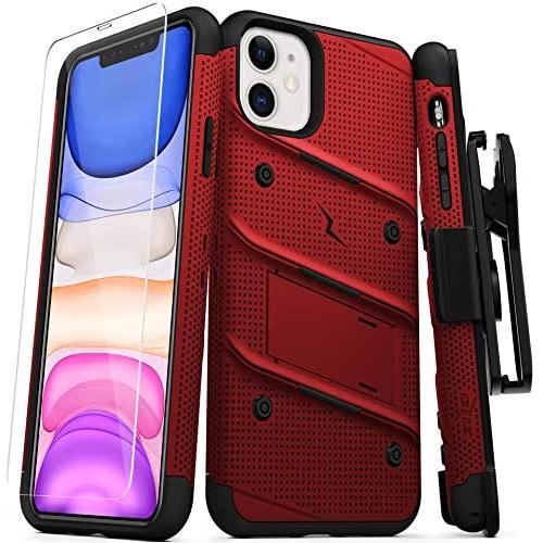 Zizo Bolt Cover - Case for iPhone 11 with Military Grade + Glass Screen Protector & Kickstand and Holster (Red/Black)
