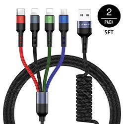 Multi Charging Cable USAMS Spring 2Pack 5FT 4 in 1 Nylon Braided Multiple USB Fast Charging Cord Adapter Type C Micro USB Port Connectors Compatible Cell Phones Tablets and More (Spring 4in1, 5FT)