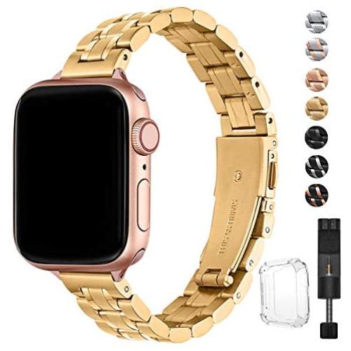 STIROLL Thin Replacement Band Compatible for Apple Watch 38mm 40mm 42mm 44mm, Stainless Steel Metal Wristband Women Men for iWatch 5/4/3/2/1 (Gold, 38mm/40mm)