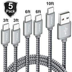 CLEEFUN USB Type C Charger Cable [5-Pack, 3/3/6/6/10 ft], USB C Fast Charging Cable Nylon Braided Compatible with Samsung Galaxy Note 10/10+/9/8, S10E S10 S9 S8 Plus, A71 A51 A50 A30 A20