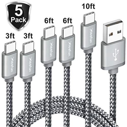 CLEEFUN USB Type C Charger Cable [5-Pack, 3/3/6/6/10 ft], USB C Fast Charging Cable Nylon Braided Compatible with Samsung Galaxy Note 10/10+/9/8, S10E S10 S9 S8 Plus, A71 A51 A50 A30 A20
