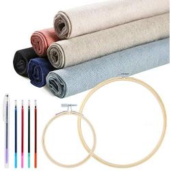 Caydo 14 Pieces 6 Colors Linen Needlework Fabric for Decoration Embroidery Project with Cross Stitch Hoop and Tools(19.6 by 19.6 Inch)