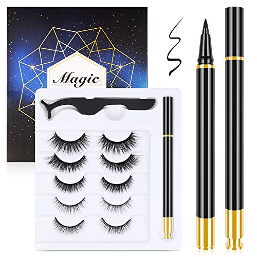 Magnetic Eyelashes and Magnetic Eyeliner Kit, 5 Pairs Reusable Natural Look Magnetic Eyelashes with Eyeliner, Upgraded 3D No Glue Magnetic lashes Kit With Tweezers Inside