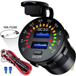 CHAFON Quick Charge 3.0 Dual USB Charger Socket,12V/24V 36W Waterproof Power Outlet with Switch LED Colorful Screen Voltmeter & Wire Fuse DIY Kit for Car,Marine,Boat,Motorcycle,Truck,Golf Cart