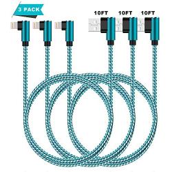 Right Angle iPhone Charger 10ft 3 Pack 90 Degree Lightning Cable Compatible with iPhone Xs MAX/XR/X/8 8 Plus/7 7 Plus/6 6 Plus/iPad (Light Blue,10ft)