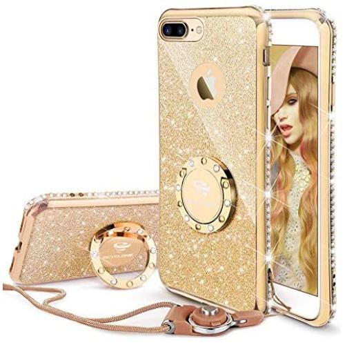 Cute iPhone 8 Plus Case, Cute iPhone 7 Plus Case, Glitter Luxury Bling Diamond Rhinestone Bumper with Ring Grip Kickstand Protective Thin Girly Gold iPhone 8 Plus/ 7 Plus Case for Women Girl - Gold