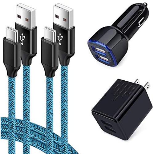Dual Port Car Charger Adapter + USB Wall Charger Charging Block + 2Pcs 6ft Type C Cable Compatible Samsung Galaxy A10e A20 A50 S10e S10 S9 S8, Note 10/9, LG Stylo 5/4, Google Pixel 3a 4XL, Moto G7 Z4