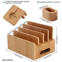 Bamboo Charging Station Organizer for Multiple Devices, Desktop Docking Stations Holder for Cell Phone, Tablet, iWatch, Airpod Charge Stand (Included Watch & Airpod Stand, 5 Cable) (➤No USB Charger)