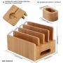 Bamboo Charging Station Organizer for Multiple Devices, Desktop Docking Stations Holder for Cell Phone, Tablet, iWatch, Airpod Charge Stand (Included Watch & Airpod Stand, 5 Cable) (➤No USB Charger)