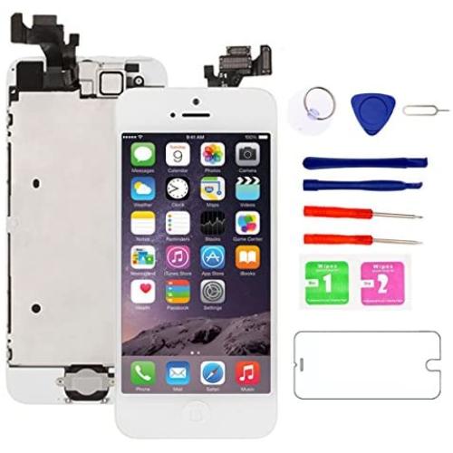 for iPhone 5 Screen Replacement White, 4.0" LCD Display Touch Full Assembly with Home Button, Proximity Sensor, Ear Speaker, Front Camera, Screen Protector, Repair Tools for A1428, A1429, A1442