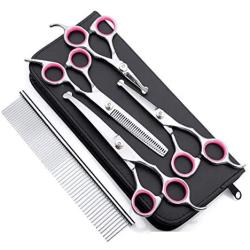 Dog Grooming Scissors Kit with Safety Round Tip Heavy Duty Thinning Straight Curved Shears with Comb Pet Grooming Trimmer Kit for Long Short Hair for Dog Cat