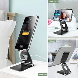 Cell Phone Stand Holder Adjustable Increase Fully Foldable Thick Aluminum Desktop Cellphone Cradle Dock with Anti-Slip Base and Convenient Charging Port for iPhone for Bedside Table, Ofice, Desk