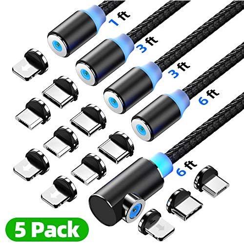 Magnetic Charging Cable (5Pcak,1ft/3ft/3ft/6ft/6ft) 3 in 1 Magnet Charge Charger USB Cable Micro USB Type-c and iProduct Black Mobile Cable