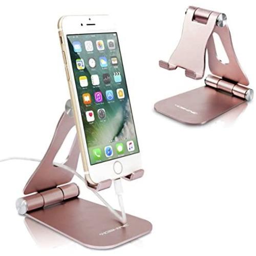 [Latest Version] Foldable Cell Phone Holder, YOSHINE Adjustable Cell Phone Stands Tablet Stand Solid Aluminum Stand Charging Dock for All Smart Phones and Tablets Desk Phone Accessories - Rose Gold