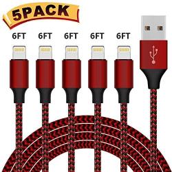 iPhone Charger,YEFOOT MFi Certified Lightning Cable 5PACK 6FT Nylon Woven USB Charging Cable with Metal Connector Compatible iPhone 11/Pro/Xs Max/X/8/7/Plus/6S/6/SE/5S iPad-Black&Red