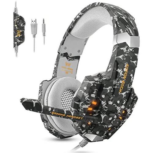 ECOOPRO Gaming Headset for PS4 Xbox One PC, Stereo Gaming Headphones with Noise Cancelling Mic, Bass Surround, LED Light & Soft Memory Earmuffs for PC Mac Nintendo Switch (Camouflage)