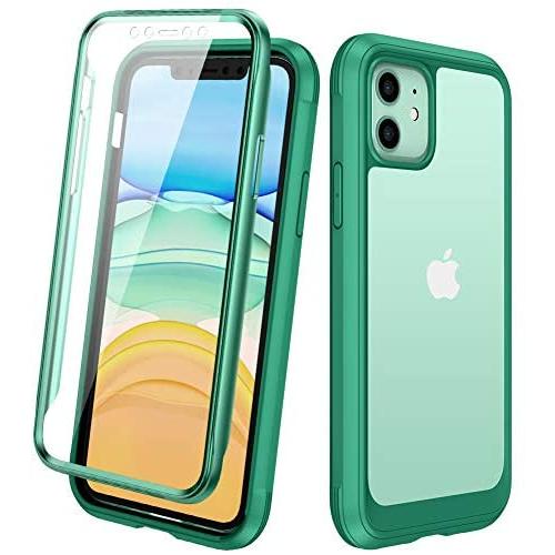 Diaclara iPhone 11 Case, Full Body Rugged Case with Built-in Touch Sensitive Anti-Scratch Screen Protector, Soft TPU Bumper Case Cover Clear Designed for iPhone 11 6.1" (Green and Clear)
