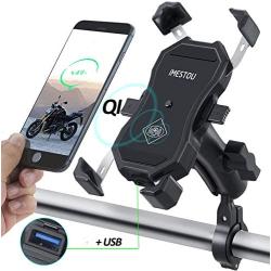 Jitehsha Motorcycle Phone Holder Wireless & USB Charger Qi 15W & USB 3.0 18W Handlebar Cellphone Mount Auto Clamping Double Ball Long Socket 360 Rotation Waterproof for 3.5-6.5 Inch Smartphones