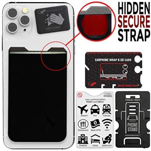 Gecko Travel Tech Phone Wallet - Stick On Card Holder Wallet for Cell Phones - Adhesive Card Pocket for Credit Cards and Money - Sticker for Cases - Phone Stand - RFID Protection Sleeve - (BB)