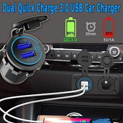 Quick Charge 3.0 USB Car Socket, Waterproof QC 3.0 Dual USB Car Charger with Touch Switch and One 200W Cigarette Lighter Adapter for Rocker Switch Panel on 12V/24V Car, Marine, Boat, Motorcycle, Truck