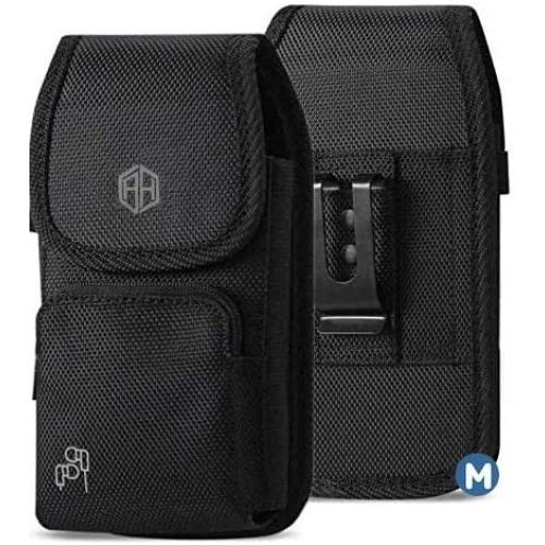 Military Grade Cell Phone Case, Rugged Outdoor Carry Pouch Belt Clip Compatible w/ [iPhone 6 6S 7 8 X XR XS (4.7) 11 Pro] Kyocera DuraForce rugged Canvas Holster Fits Phone with THICK CASE (Medium)
