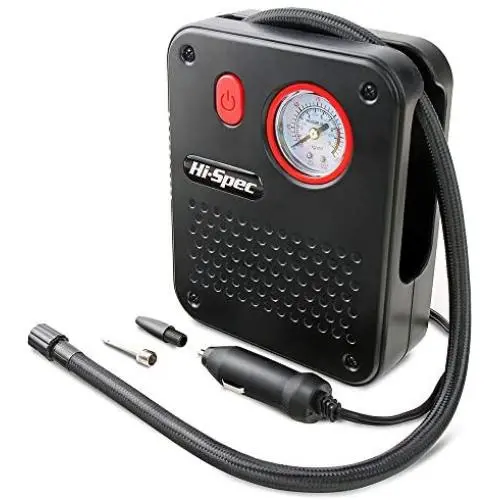 Hi-Spec 12V Compact Air Car Bike Tire Compressor Pump Inflator with 2.5m Power Cable & Analogue Pressure Dial for Portable Inflation. Includes 2 Adapters for Sport Balls, Balloons & Pool Inflatables