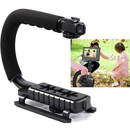 Action Stabilizing Handle, C/U Shape Bracket Grip Portable Video Handheld Camera Stabilizer with Removable Hot Shoe for Flash, Mic, LED or Video Light, Black