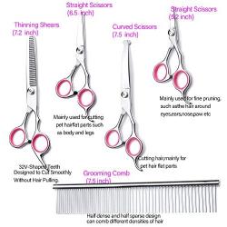 Dog Grooming Scissors kit, Pet Grooming Trimmer Set with Safety Round Blunt Tip-Thinning, Straight, Curved Shears tool with Comb, Nail Cliper and Nail File for Long Short Hair & Fur of Cat and Puppy