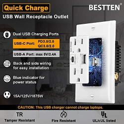 BESTTEN 24W USB Type-C Wall Receptacle Outlet, PD3.0 and QC3.0, Quick Charging for Smartphone, Tablet and Other USB Device, 15A/125V/1875W, UL Listed, White