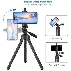 Phone Tripod Flexible Upgraded, 11" Portable Cell Phone Camera Travel Tripod Stand with Wireless Remote Shutter and Universal Phone Mount, Compatible with iPhone, Android Phones, Sports Camera GoPro