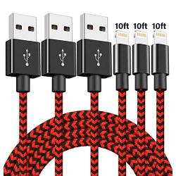 iPhone Charger, MFi Certified Lightning Cable 3Pack 10FT Extra Long Nylon Braided USB Charging & Syncing Cord Compatible iPhone Xs/Max/XR/X/8/8Plus/7/7Plus/6S/6S Plus/SE/iPad -BlackRed