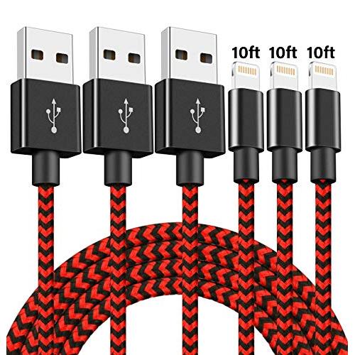 iPhone Charger, MFi Certified Lightning Cable 3Pack 10FT Extra Long Nylon Braided USB Charging & Syncing Cord Compatible iPhone Xs/Max/XR/X/8/8Plus/7/7Plus/6S/6S Plus/SE/iPad -BlackRed