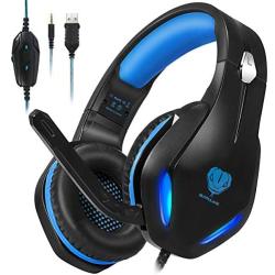 BUTFULAKE GH-2 Gaming Headset for Xbox One with Stereo Surround Sound, PS4 Headset with Noise Canceling Mic & LED Light, Over Ear Gaming Headphones for PC, Nintendo Switch, Mac, Laptop, Blue