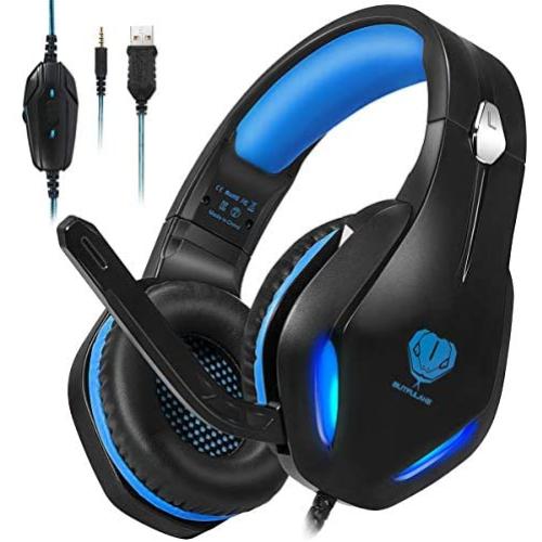 BUTFULAKE GH-2 Gaming Headset for Xbox One with Stereo Surround Sound, PS4 Headset with Noise Canceling Mic & LED Light, Over Ear Gaming Headphones for PC, Nintendo Switch, Mac, Laptop, Blue