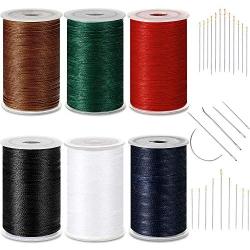 6 Color Strong Upholstery Thread High Strength Sewing Waxed Threads with Hand Stitching Needles Set for Denim Leather Craft DIY and Machine Sewing (Black, White, Red, Dark Blue, Dark Green, Brown)