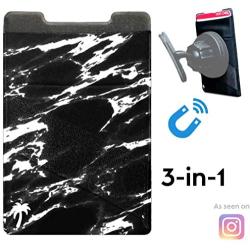 New 3-in-1 Stick On Wallet for Any Phone Case | Unique: Spandex + Mounts to Magnets + Double-Pocket + Finger Strap + RFID Block – Strong 3M Sticky + Magnetic (Black Marble, 1 Pack)
