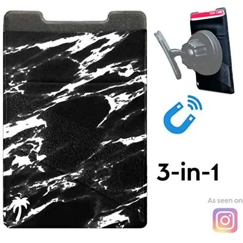 New 3-in-1 Stick On Wallet for Any Phone Case | Unique: Spandex + Mounts to Magnets + Double-Pocket + Finger Strap + RFID Block – Strong 3M Sticky + Magnetic (Black Marble, 1 Pack)