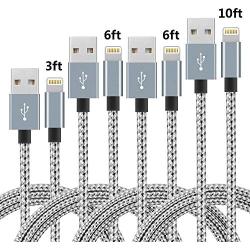 Phone Cable 4pcs 3FT 6FT 6FT 10FT Nylon Braided Cord Charger Compatible with PhoneX/Phone8/8Plus/7/7Plus/6/6s/6Plus and More (Grey+ White)