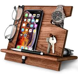 BarvA Wood Dock-ing Station Cell-Phone Smart-Watch Holder Men Charging Accessory Night-Stand Father Mobile Gadget Organizer Desk-top Dresser Storage Valet Anniversary Adult Birth-Day Graduation Gift