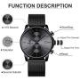 GOLDEN HOUR Mens Watches Fashion Sport Quartz Analog Black Mesh Stainless Steel Waterproof Chronograph Wrist Watch, Auto Date in Blue/Red/Gold Hands