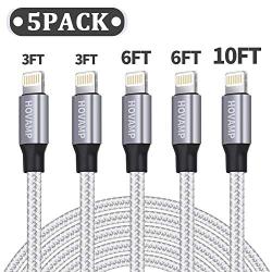 HOVAMP iPhone Charger, MFi Certified Lightning Cable 5 Pack (3/3/6/6/10FT) Nylon Woven with Metal Connector Compatible iPhone 11/Pro/Xs Max/X/8/7/Plus/6S/6/SE/5S iPad - Silver&White