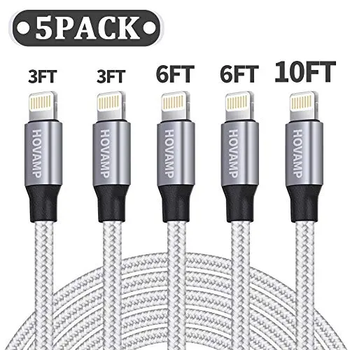 HOVAMP iPhone Charger, MFi Certified Lightning Cable 5 Pack (3/3/6/6/10FT) Nylon Woven with Metal Connector Compatible iPhone 11/Pro/Xs Max/X/8/7/Plus/6S/6/SE/5S iPad - Silver&White HOVAMP iPhone Charger, MFi Certified Lightning Cable 5 Pack (3/3/6/6/10FT) Nylon Woven with Metal Connector Compatible iPhone 11/Pro/Xs Max/X/8/7/Plus/6S/6/SE/5S iPad - Silver&White